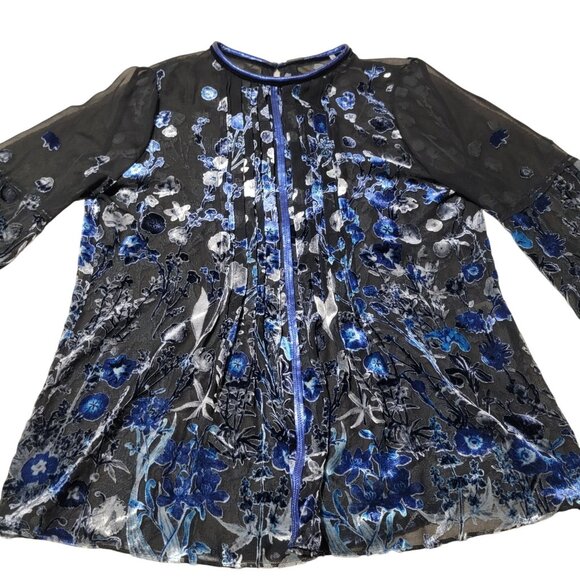 Tahari Peasant Top Womens Medium Burnout Velvet Floral Bell Flare-Sleeve Sheer - Picture 2 of 12